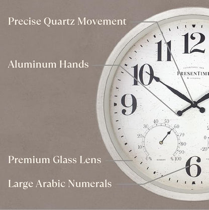 Presentime & Co 16" Farmhouse Series in/Outdoor Clock with Thermometer & Hygrometer, Weathered White Color. Weather Thermometer, Weather Station, Farmhouse Décor, Outdoor Décor, Wall Décor.