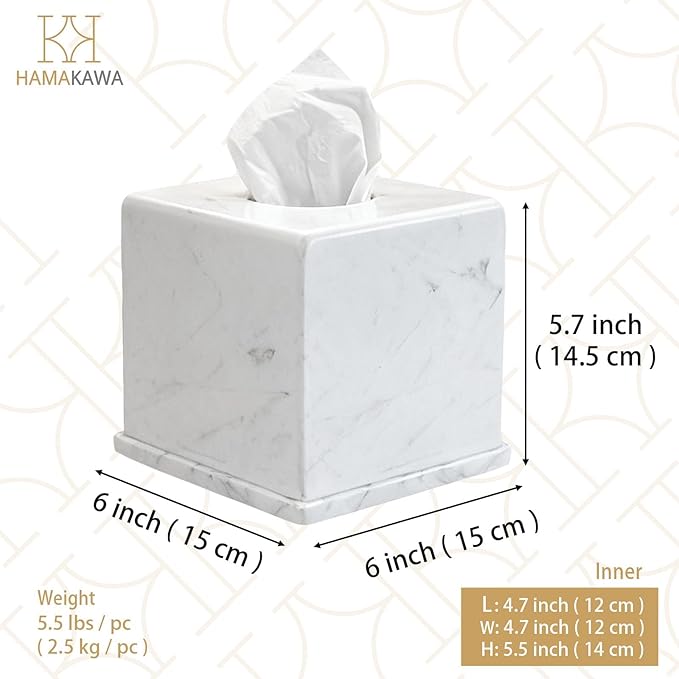 HAMAKAWA Natural Marble Tissue Box Cover, Volakas White Tissue Organizer 6 x 6 x 5.7 inch, Heavy Stone Decorative Box, Square Tissue Box Holder for Home Decor, Kitchen, Bathroom, Bedroom
