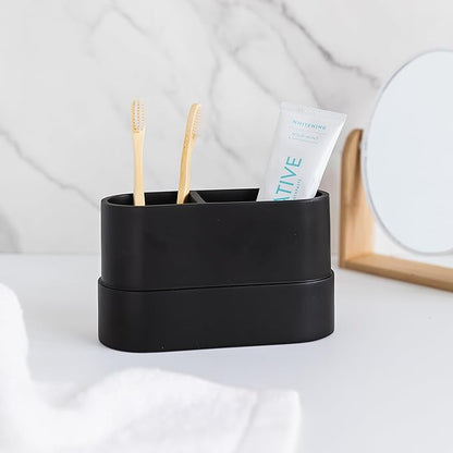 Matte Black Large Toothbrush and Toothpaste Holder and Cup for Bathroom Vanity and Countertop, 2 Compartment Organizer for Electric Toothbrushes, Floss, Razors, Cotton, and Mouthwash - YEW DESIGN
