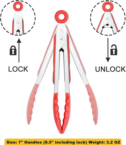 HINMAY 7-Inch Mini Silicone Tongs Small Serving Tongs for Appetizers, Set of 3 (Red)