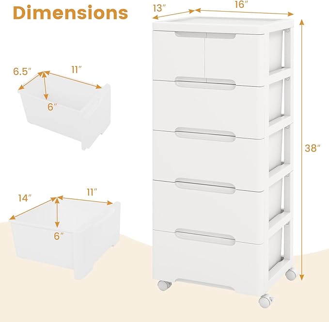 LOKO 6-Drawer Plastic Rolling Storage Cart, Mobile Storage Cabinet with 4 Universal Wheels, Vertical Storage Tower Container Unit for Living Room, Bedroom, Home Office, White (16”x13”x38” (6 Drawers))