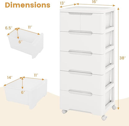 LOKO 6-Drawer Plastic Rolling Storage Cart, Mobile Storage Cabinet with 4 Universal Wheels, Vertical Storage Tower Container Unit for Living Room, Bedroom, Home Office, White (16”x13”x38” (6 Drawers))