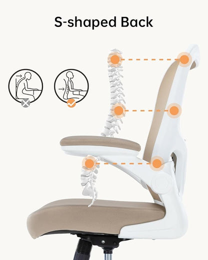 Ergonomic Office Chair,PU Leather Swivel Desk Chair with Lumbar Support,Adjustable Height Executive Task Chair with Flip-Up Armrests,Comfy Coumputer Chair for Home Office(Khaki)