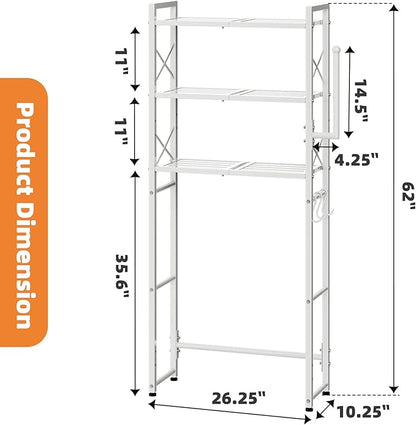 Simple Trending Over The Toilet Storage Rack with Toilet Paper Holder, Heavy Duty Metal 3 Tier Bathroom Organizer Shelf with 3 Hooks, White