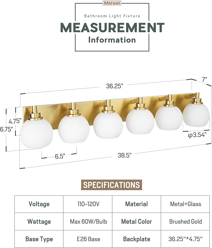 Bathroom Light Fixtures, 6-Light Brushed Gold Bathroom Vanity Lights Over Mirror with Globe Milk White Glass Shade, 38 Inch Modern Vanity Lighting Fixtures, VL195-BG-ML-6
