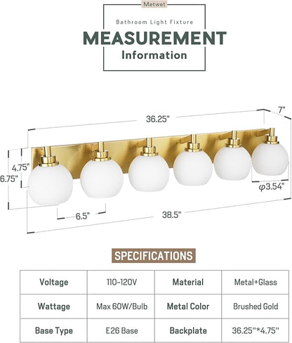 Bathroom Light Fixtures, 6-Light Brushed Gold Bathroom Vanity Lights Over Mirror with Globe Milk White Glass Shade, 38 Inch Modern Vanity Lighting Fixtures, VL195-BG-ML-6