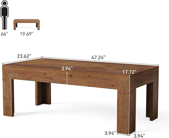 Rectangular Coffee Table, 47-Inch Solid Wood Living Room Coffee Table, Mid Century Modern Center Cocktail Table for Living Room, Apartment, Office, Antique Brown