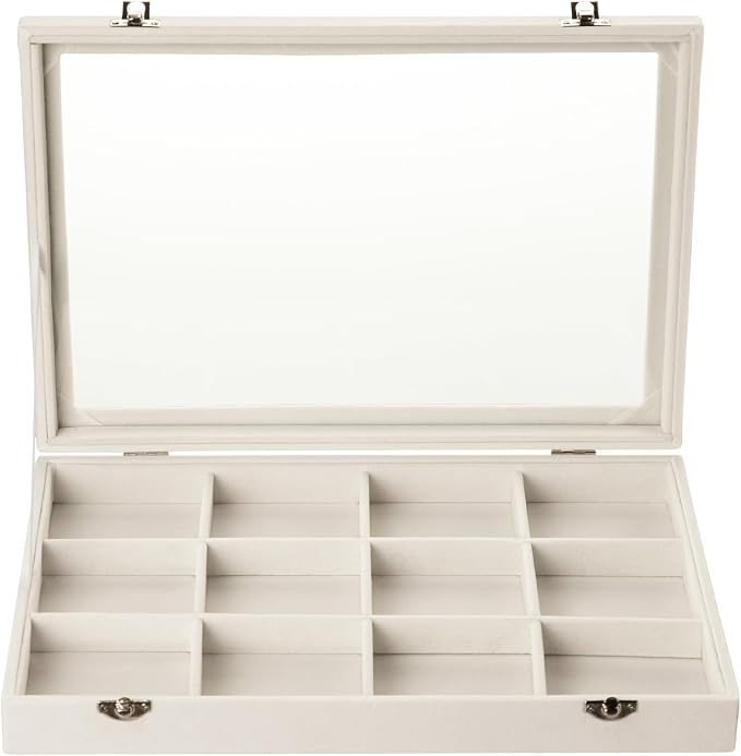 Frebeauty Velvet Jewelry Tray,12 Grid Jewelry Organizer with Clear Lid,Bracelets Holder,Jewelry Display Case with Clasp,Drawer Insert Bangle Brooch,13.8 x 9.5 x 2 Inches,Gift for Women Girls(Beige)