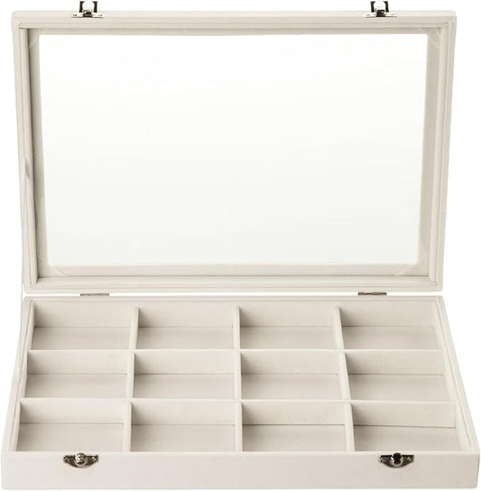 Frebeauty Velvet Jewelry Tray,12 Grid Jewelry Organizer with Clear Lid,Bracelets Holder,Jewelry Display Case with Clasp,Drawer Insert Bangle Brooch,13.8 x 9.5 x 2 Inches,Gift for Women Girls(Beige)