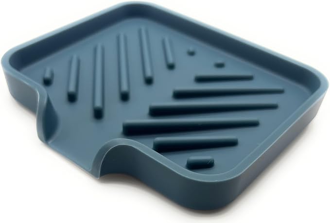 Happitasa Silicone Soap Dish Tray and Sponge Holder with Drain Chute and Feet | 3-Way Sloped Design | Bathroom and Kitchen Sink Organizer Caddy (Smoky Blue, 5"x4")