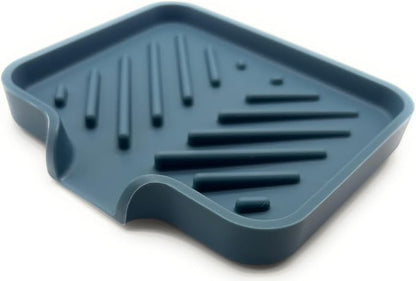 Happitasa Silicone Soap Dish Tray and Sponge Holder with Drain Chute and Feet | 3-Way Sloped Design | Bathroom and Kitchen Sink Organizer Caddy (Smoky Blue, 5"x4")