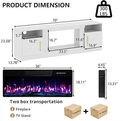 PRETZI Fireplace TV Stand with 36" Fireplace Up to 80" TVs, 70" Entertainment Center with LED Lights, Remote Control, TV Media Console with Storage Cabinets for Living Room, White