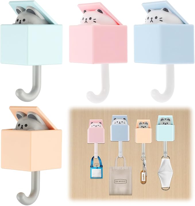 4 Packs Cat Hooks for Wall, Creative Adhesive Cute Pet Hooks Coat Hook for Wall Hanging Decorations, Utility Cat and Mouse Key Hook for Key, Scarf, Hat, Towel, Coat, Bag (Multicolor, 4PCS)