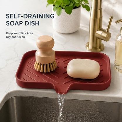 MicoYang Silicone Soap Dish with Drain Spout — Self-Draining Sink Organizer Tray for Bathroom & Kitchen, Sponges, Dispensers & Soap Holder, Non-Slip & Dishwasher Safe, Red (Medium, 9.6"×5.3")