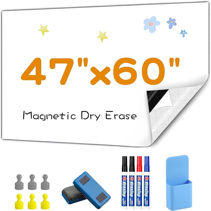 Magnetic Whiteboard Contact Paper, 47" x 60" Stick on Magnetic Dry Erase White Board Sticker on Wall, Easy to Write for Drawing, School, Office, Kitchen Fridge