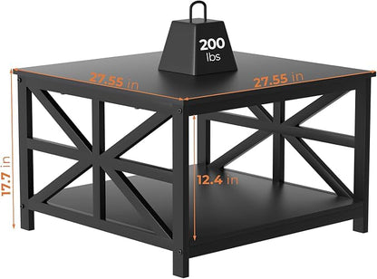 GreenForest Modern Living Room Coffee Table with 2 Tier Storage, Small Square Wood and Metal Farmhouse Center Table with Seamless One-Piece Tabletop, 27.55 Inch, Black