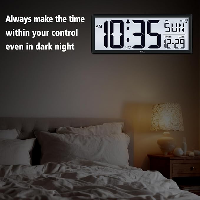 WallarGe 14.5'' Atomic Clock with Backlight, Large Digital Wall Clock Battery Operated, Large Display with Temperature and Date, Easy to Read and Set Digital Wall Clock, Auto DST