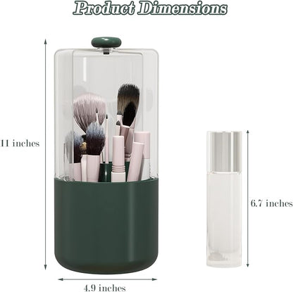 Makeup Brush Holder with Dustproof Cover, Clear 360 Rotating Make Up Brushes Organizer for Counter Vanity Bathroom, Olive Green