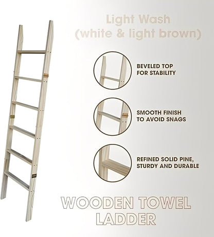 Blanket Ladder for Living Room 6-Tier, Wooden Decorative Quilt Holder for Bed Room, Wall-Leaning Towel Rack for Bathroom, Decorative Blanket Ladder Wood for Home Decor & Display (Light Wash)