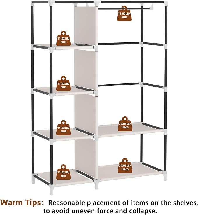 Calmootey Portable Closet Organizers, Clothing Storage, Wardrobe with 6 Shelves and Hanging Rod, Non-Woven Fabric Cover with 4 Side Pockets, Beige