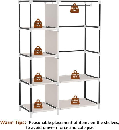 Calmootey Portable Closet Organizers, Clothing Storage, Wardrobe with 6 Shelves and Hanging Rod, Non-Woven Fabric Cover with 4 Side Pockets, Beige
