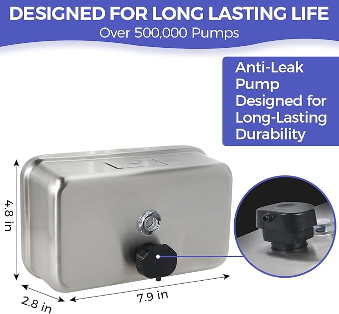 Stardrix Heavy Duty Stainless Steel Wall Mount Soap Dispenser, 1100ml/37oz, with Corrosion Proof Lining and Anti-Leak Pump for Commercial & Home Bathroom Kitchen (Horizontal)