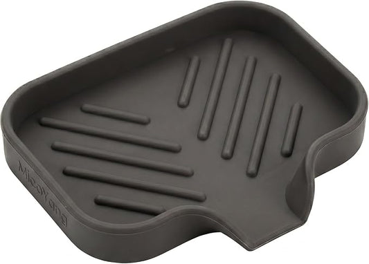 MicoYang Silicone Soap Dish with Drain Spout, Self-Draining Sink Organizer Tray for Bathroom and Kitchen, Sponges, Dispensers and Soap Holder, Non-Slip and Dishwasher Safe, Coffee (Compact, 4.9"×3.2")