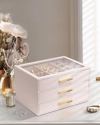 Vlando Jewelry Box for Women, Glass Lid Jewelry Organizer with 3 Drawers for Necklaces Rings Earrings Bracelets - Light Pink