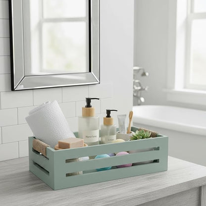 Toilet Paper Storage Box with Handles, Wooden Wicker Toilet Tank Basket, Bathroom Basket Organizer for Countertop, Decorative Wicker Bins for Bathroom or Guest Room-Green