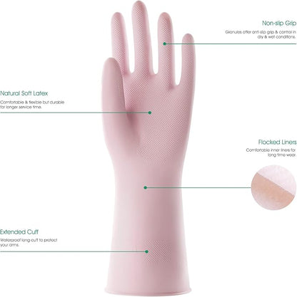 COOLJOB Medium Household Rubber Gloves with Cotton Liner & Non-slip Grip, Waterproof Long Lasting Dishwashing Gloves for Kitchen & Bathroom Cleaning, Light Pink, 1 Pair