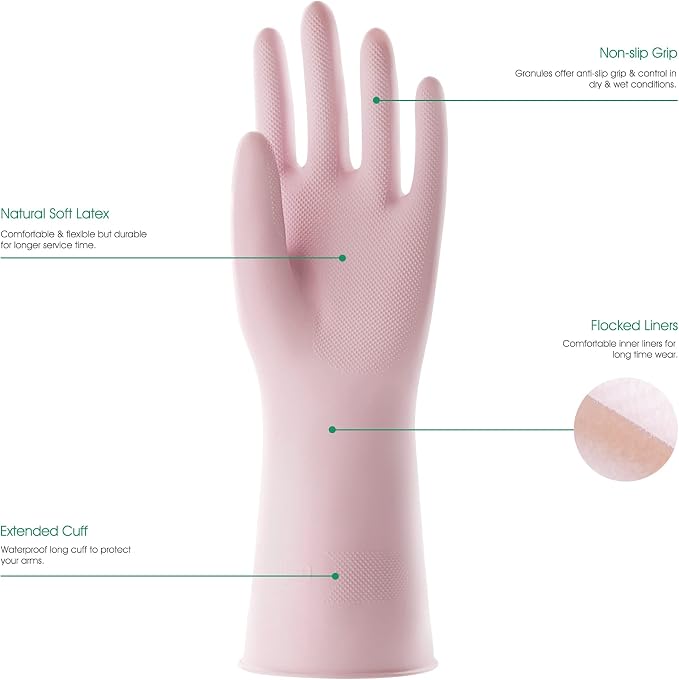 COOLJOB Small Household Rubber Gloves with Cotton Liner & Non-slip Grip, Waterproof Long Lasting Dishwashing Gloves for Kitchen & Bathroom Cleaning, Light Pink, 1 Pair