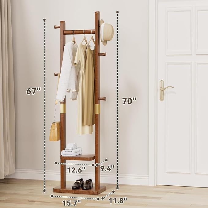 Solid Wood Coat Rack Clothes Rack, Coat Rack Freestanding with 2 Shelves and 5 Hooks, Heavy Duty Coat Tree for Entryway, Living room, Coat Hanger Stand for Hats, Bags Clothes(Walnut Brown)
