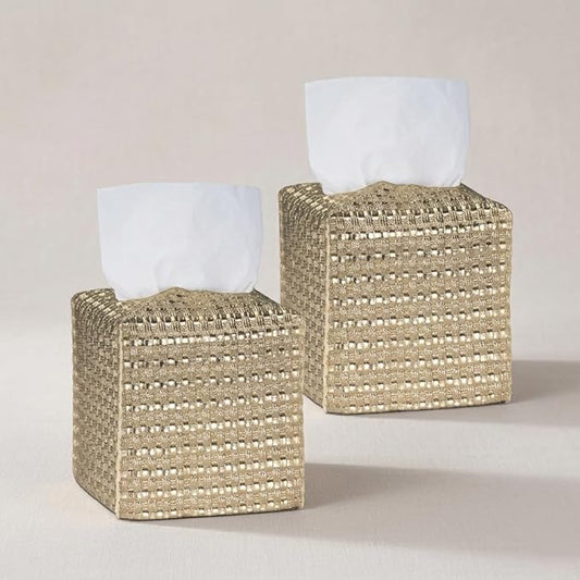 Tissue Box Cover 2-Pack, Square Tissue Holder with Bottom Belt, Modern Tissue Case Facial Paper Organizer Dispenser for Bathroom, Office, Home, Table, Car, Woven Pattern Golden