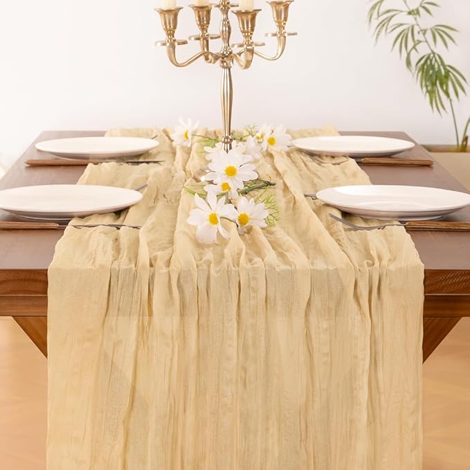 Socomi 10pcs Gold Champagne Cheesecloth Table Runner Boho Rustic Gauze 120 inch 10FT Cheese Cloth Runner for Wedding Party Baby Shower Birthday Home Decor Holiday Decorations