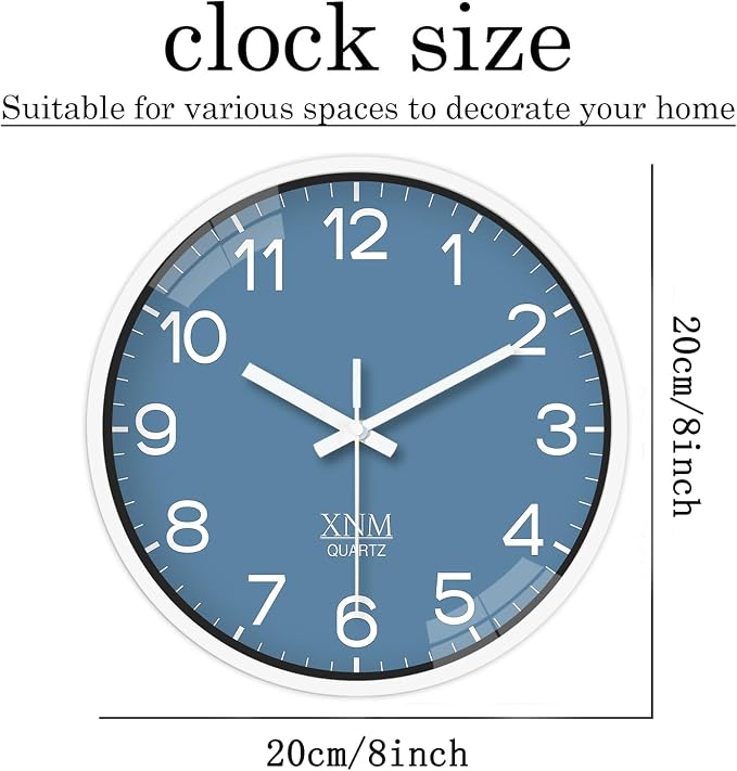 XNM Blue Minimalist Wall Clocks Battery Operated 8 Inch Classic Analog Clock for Living Room Office Bedroom Decor Modern Small Wall Clock Silent Non Ticking