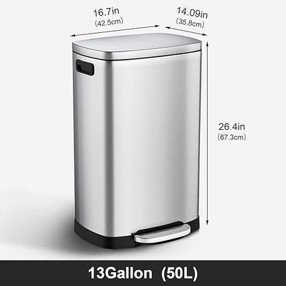 ELPHECO Kitchen Trash Can with Lid Soft Close,13 Gallon / 50L Stainless Steel Pedal Garbage Can, Heavy-Duty Fingerprint Proof Step Wastebasket with 20 Bags, Removable Bucket, Home Office, Silver