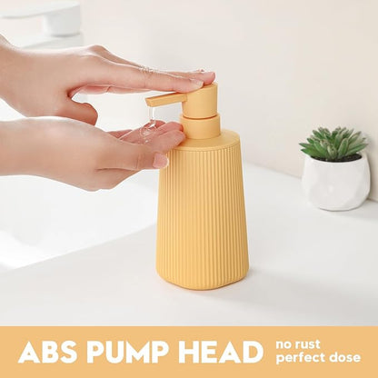 Small Soap Dispenser for Bathroom and Kitchen, Modern Farmhouse Striped Style Plastic Hand Soap Dish Soap Dispenser with Pump Matte Yellow