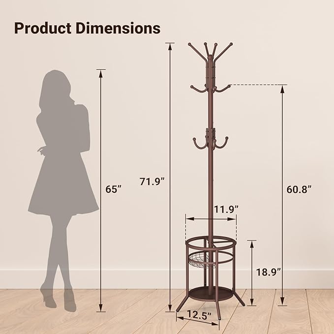 ELYKEN Coat Rack Freestanding, Metal Coat Rack Stand with Umbrella Holder, Modern Coat Tree with 12 Hooks, Floor Standing Corner Hall Tree for Entryway Living Room Bedroom Office, Brown