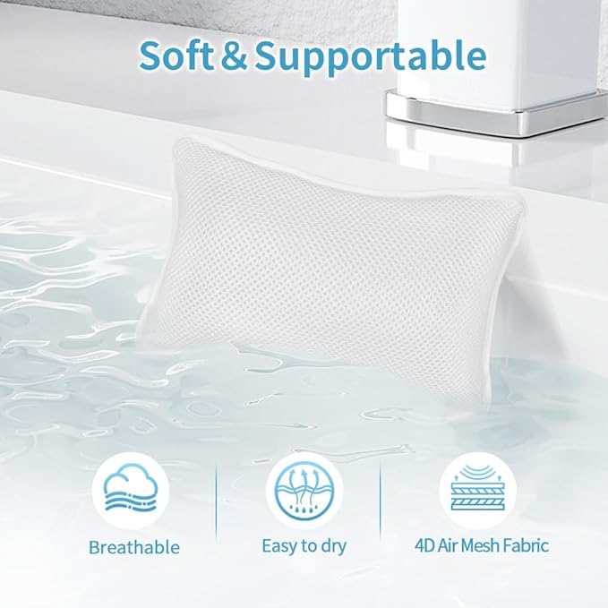 Luxury Bath Pillows for Tub, Slip Resistant Waterproof Bath Pillows for Tub Neck and Back Support with 2 Strong Suction Cups, Relaxing Spa Essentials (White)