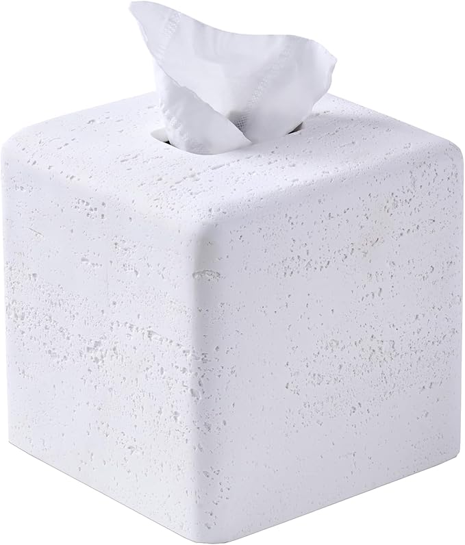 White Natural Travertine Textures Square Tissue Box Cover Holder, Resin Tissue Box Holder Decorative for Bathroom, Vanity, Kitchen Countertop, Bedroom Night Stands, Office Desk Top