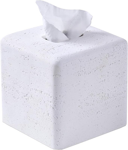 White Natural Travertine Textures Square Tissue Box Cover Holder, Resin Tissue Box Holder Decorative for Bathroom, Vanity, Kitchen Countertop, Bedroom Night Stands, Office Desk Top