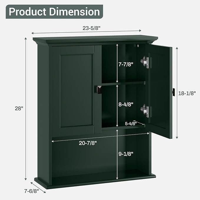 Bathroom Wall Cabinet, Wooden Medicine Cabinet Above Toilet Storage Cabinet with Doors and Adjustable Shelf Wall Mounted Storage Organizer Cabinet Over Toilet Cabinet (Forest Green)