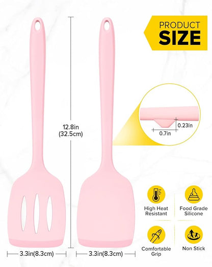 Pack of 2 Silicone Spatula Turners, Non Stick Slotted Kitchen Spatula Set, Heat Resistant BPA Free Kitchen Utensils, One-Piece Design, Suitable for Flipping Fish, Eggs, Steak, Pancakes (PINK)