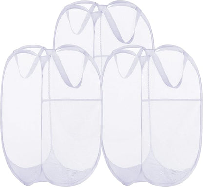 BATTOO Deluxe Strong Mesh Pop up Laundry Hamper Basket with Side Pocket for Laundry Room, Bathroom, Kids Room, College Dorm or Travel 3 Pack White