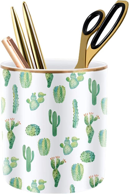 WAVEYU Pen Pencil Holder, Multi-Purpose Holder for Desk Pencil Cup for Girls Boys Kids Durable Ceramic Desk Organizer Makeup Brush Holder for Office, Classroom, Home, Cactus