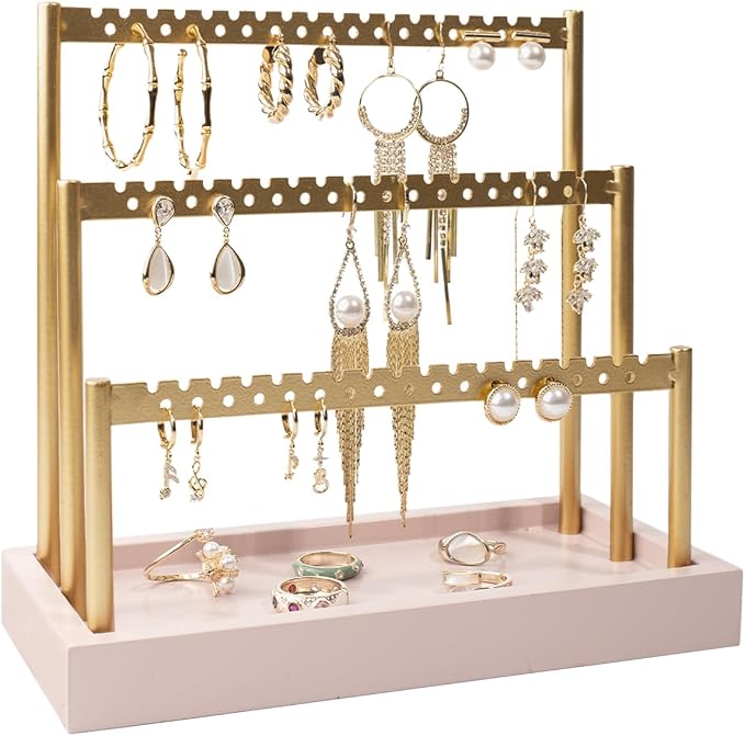 SANY DAYO HOME 3-Tier Earring Holder Organizer Stand, 105 Holes Gold Metal Earring Rack Jewelry Display Tree with Pink Wood Tray for Women and Girls