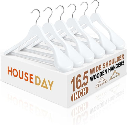 HOUSE DAY Wooden Suit Hangers 6 Pack，Heavy Duty Wide Shoulder Hangers, Solid Wood Coat Hanger with Non-Slip Pant Bar for Petite Adults, Teens and Small Suits, Coats, Jackets (White, 16.5‘’)