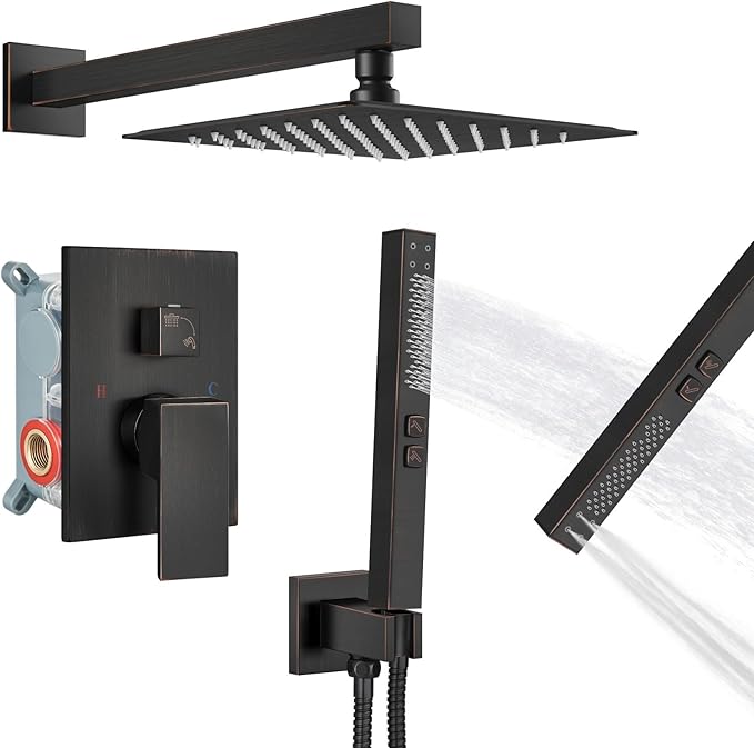 Shower Faucet Set Rainfall Shower System with Square Showerhead and Handle Set Fixture with 2 in 1 Function Handheld Sprayer Wall Mounted Trim Repair Kit Rough-in Valve 8 Inch Oil Rubbed Bronze