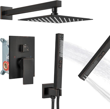 Shower Faucet Set Rainfall Shower System with Square Showerhead and Handle Set Fixture with 2 in 1 Function Handheld Sprayer Wall Mounted Trim Repair Kit Rough-in Valve 8 Inch Oil Rubbed Bronze