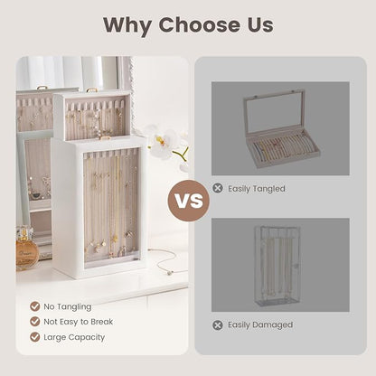 Lolalet Upgraded Double-Sided Hanging Necklace Organizer Box, Jewelry Display Case with Double-Sided Clear Window for Necklaces Bracelets, Tangle-Free Necklace Storage Box, White, 2-Layer 40 Hooks
